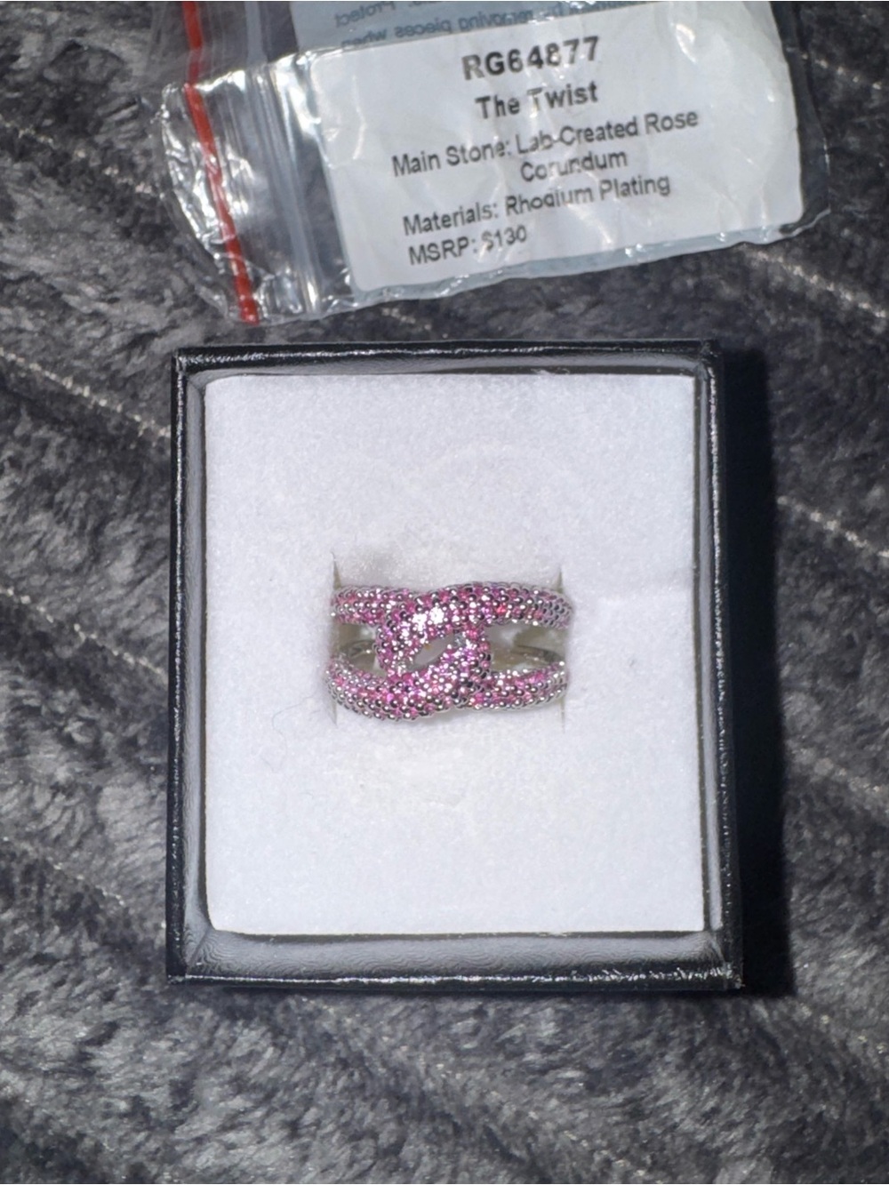 Rhodium-Plated Pink Twist Ring with Lab-Created Rose Corundum